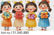 Four joyful girls dressed in vibrant outfits hold delightful gift boxes while celebrating a festive occasion together. Стоковое AI-видео, аниматор Данила Большаков / Фотобанк Лори