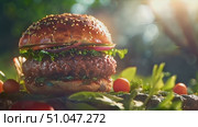 A hamburger sits on top of a vibrant green field under the sun, creating an interesting juxtaposition between food and nature. Стоковое AI-видео, аниматор Данила Большаков / Фотобанк Лори
