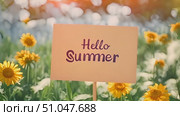 A sign with the words Hello Summer stands in front of a vibrant field of sunflowers under the bright sun. Стоковое AI-видео, аниматор Данила Большаков / Фотобанк Лори