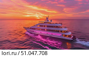 Big white boat sails through the vast expanse of the ocean, showcasing the sheer size and power of the vessel against the endless blue water. Стоковое AI-видео, аниматор Данила Большаков / Фотобанк Лори