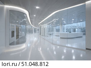Empty corridor in modern Hospital ICU blurred background. Blur defocused interior of modern clinic. Abstract defocused corridor of medical centre, laboratory, lab. Healthcare and medicine concept. Стоковое AI-изображение, AI-художник Марина Демидюк / Фотобанк Лори