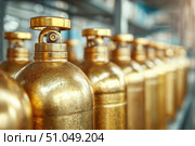 Brass oxygen tanks. Bundle of gas cylinder and high pressure gauges, meter, valve. Many argon cylinders with compressed gas for industry, welding. Fuel manufacturing. Liquefied gas production, factory. Стоковое AI-изображение, AI-художник Марина Демидюк / Фотобанк Лори