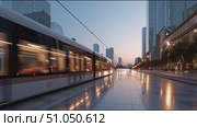 Modern tram travels through city at sunset with reflections on pavement and skyscrapers in the background. Стоковое AI-видео, аниматор Сергей Толмачёв / Фотобанк Лори