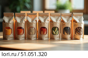 Упаковочные пакеты с различными продуктами на кухонном столе. Стоковое AI-изображение, AI-художник Фатима Касимова / Фотобанк Лори