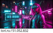Futuristic woman in vr glasses on rainy cyberpunk city street with neon lights. Synthwave and retrowave aesthetic with girl in virtual reality at night. Стоковое AI-изображение, AI-художник Павел Муравьев / Фотобанк Лори