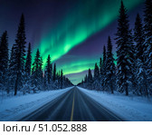 Северное сияние. Зимний ночной пейзаж с северным сиянием и ночным лесом с дорогой. Стоковое AI-изображение, AI-художник Руслан Лесков / Фотобанк Лори