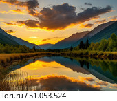 Golden sunset over mountains and lake. Стоковое AI-изображение, AI-художник Ирина Самойлова / Фотобанк Лори