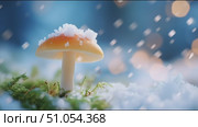 Snowfall gently covers a vibrant mushroom amidst a winter landscape. Стоковое AI-видео, аниматор Сергей Толмачёв / Фотобанк Лори