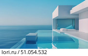 Minimalistic large swimming pool located right next to the ocean, offering a unique experience of swimming with breathtaking ocean views. Стоковое AI-видео, аниматор Данила Большаков / Фотобанк Лори