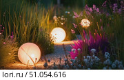 A peaceful walkway in a garden, bordered by vibrant plants and glowing spherical lights as evening sets in. Стоковое AI-видео, аниматор Данила Большаков / Фотобанк Лори