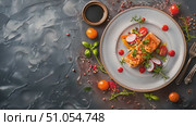 Salmon fillet elegantly presented with vibrant vegetables and herbs, ready to be enjoyed. Стоковое AI-видео, аниматор Данила Большаков / Фотобанк Лори