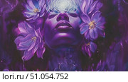 Detailed purple painting of charming woman with flowers adorning her hair. Artwork showcases the womans graceful pose and the colorful blooms intertwined in her hair. Стоковое AI-видео, аниматор Данила Большаков / Фотобанк Лори