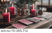 Candles and tarot cards create an enchanting atmosphere in a mystical setting. Стоковое AI-видео, аниматор Ekaterina Ismagilova / Фотобанк Лори