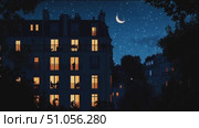 Evening skyline view of illuminated windows in a city under a starry night sky with a crescent moon. Стоковое AI-видео, аниматор Сергей Толмачёв / Фотобанк Лори