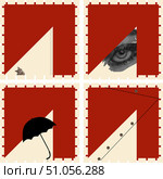 Colored vector squares, inside of which there is a black umbrella, a curious cat ,observing the eye, people striving for the goal. Стоковая иллюстрация, иллюстратор Marina Blazarenko / Фотобанк Лори