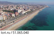 Drone view of the small seaside Catalan town of Vilassar de Mar, Spain. Стоковое видео, видеограф Яков Филимонов / Фотобанк Лори