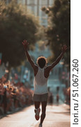 Runner celebrates victory after crossing finish line in enthusiastic crowd during a sunny marathon event. Стоковое AI-видео, аниматор Сергей Толмачёв / Фотобанк Лори