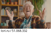 Happy older man sits on a couch with his hands in the air. Стоковое AI-видео, аниматор Данила Большаков / Фотобанк Лори