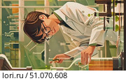 A scientist works diligently in a laboratory setting, carefully handling glassware and conducting experiments. Стоковое AI-видео, аниматор Данила Большаков / Фотобанк Лори