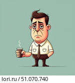 Exhausted Office Worker Battling Workplace Stress with coffee. Стоковое AI-изображение, AI-художник Максимова Марина / Фотобанк Лори