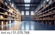 Spacious industrial warehouse with tall shelves, cardboard boxes, and clean polished floor, illuminated by natural skylight and large windows for storage and logistics use. Стоковое AI-изображение, AI-художник Катерина Бондарец / Фотобанк Лори