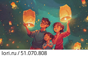 A family releases sky lanterns into the night sky, a beautiful tradition full of hope and joy. Стоковое AI-видео, аниматор Данила Большаков / Фотобанк Лори