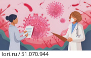 Two two medical professionals, a doctor and a nurse, discussing the COVID-19 virus with a pink background. Стоковое AI-видео, аниматор Данила Большаков / Фотобанк Лори