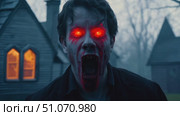 A man with glowing red eyes and blood dripping from his mouth screams in front of a house at night. Стоковое AI-видео, аниматор Данила Большаков / Фотобанк Лори