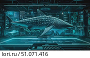 A whale shark is displayed on multiple digital screens in a futuristic lab setting. Стоковое AI-видео, аниматор Данила Большаков / Фотобанк Лори