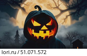 A glowing jack-o'-lantern casts an eerie light against a full moon backdrop, enhancing the Halloween atmosphere. Стоковое AI-видео, аниматор Данила Большаков / Фотобанк Лори