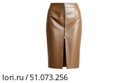 Brown leather pencil skirt with zipper and slit on white background. Стоковое AI-изображение, AI-художник Юрий Поздников / Фотобанк Лори