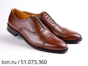 Elegant brown leather brogue shoes resting on white background. Стоковое AI-изображение, AI-художник Юрий Поздников / Фотобанк Лори