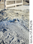 A mud volcano and a stream of grey clay from an eruption and gas escape. Cracked soil surface. Texture of a mudflow. Стоковое фото, фотограф Наталия Кирсанова / Фотобанк Лори