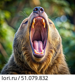 Close-Up of a Yawning Grizzly Bear in a Forest. Generative AI. Стоковое AI-изображение, AI-художник Roman Zavorotny / Фотобанк Лори