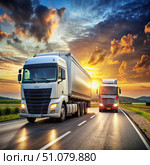 White Semi-Truck Driving on a Highway at Sunset. Generative AI. Стоковое AI-изображение, AI-художник Roman Zavorotny / Фотобанк Лори
