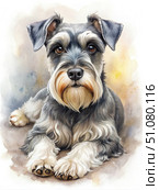 Watercolor Painting of a Miniature Schnauzer Dog Relaxing on a Tan Background. Generative AI. Стоковое AI-изображение, AI-художник Roman Zavorotny / Фотобанк Лори