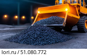Heavy machinery dumping asphalt at night in a construction site. Стоковое AI-изображение, AI-художник Katsiaryna Repich / Фотобанк Лори