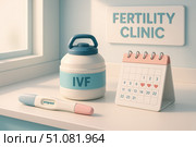 3D illustration of an IVF pregnancy confirmation scene with a positive test, ovulation calendar, and fertility clinic setting, symbolizing hope and new beginnings. Стоковое AI-изображение, AI-художник Nart / Фотобанк Лори