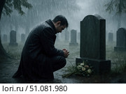 A grieving Caucasian man kneels at a grave in a cemetery during heavy rain. He holds a bouquet of white roses, reflecting sorrow and loss in a somber setting. Стоковое AI-изображение, AI-художник Nart / Фотобанк Лори