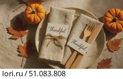 Autumn table setting with pumpkins, leaves, and utensils. Natural colors create a warm, inviting atmosphere for Thanksgiving dinner. Стоковое AI-видео, аниматор Nart / Фотобанк Лори