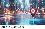 A futuristic cityscape with glowing digital elements. A large location pin stands prominently on a reflective surface, surrounded by tall buildings and city lights. Стоковое AI-видео, аниматор Nart / Фотобанк Лори