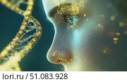 A close-up of a human face with a DNA helix overlay. The face has a smooth complexion and glowing features, emphasizing themes of genetics and biotechnology. Стоковое AI-видео, аниматор Nart / Фотобанк Лори