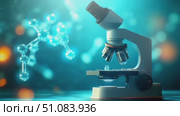 A laboratory microscope is positioned on a table. A molecular structure is visible in the background, representing scientific research and innovation. Стоковое AI-видео, аниматор Nart / Фотобанк Лори