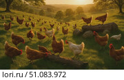 A flock of chickens grazes in a lush green field during sunset. The scene includes various brown and white hens scattered across the landscape. Стоковое AI-видео, аниматор Nart / Фотобанк Лори