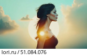 Silhouette of a young Asian woman with long black hair against a colorful sunset background. Soft clouds surround a large sun. Стоковое AI-видео, аниматор Nart / Фотобанк Лори