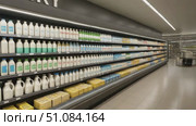 A well-organized dairy section in a supermarket. Shelves filled with milk cartons and butter packages. Bright lighting enhances the clean, modern look. Стоковое AI-видео, аниматор Nart / Фотобанк Лори