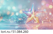 A shiny, iridescent star sits on a reflective surface. The background features soft bokeh lights in pastel colors, creating a dreamy atmosphere. Стоковое AI-видео, аниматор Nart / Фотобанк Лори