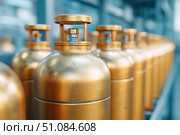 Brass oxygen tanks. Bundle of gas cylinder and high pressure gauges, meter, valve. Many argon cylinders with compressed gas for industry, welding. Fuel manufacturing. Liquefied gas production, factory. Стоковое AI-изображение, AI-художник Марина Демидюк / Фотобанк Лори