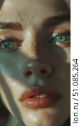 Close-up portrait of a young woman with green eyes and full lips. She has light skin and freckles, with soft lighting creating shadows on her face. Стоковое AI-видео, аниматор Nart / Фотобанк Лори