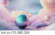 Colorful abstract scene with soft clouds and reflective spheres. The atmosphere is dreamy and ethereal, evoking a sense of tranquility and wonder. Стоковое AI-видео, аниматор Nart / Фотобанк Лори